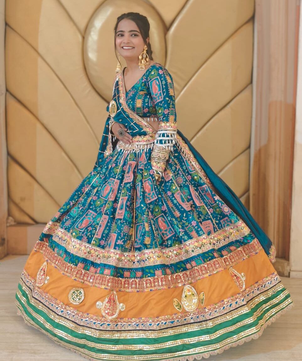 royal blue & mustard traditional work lehenga